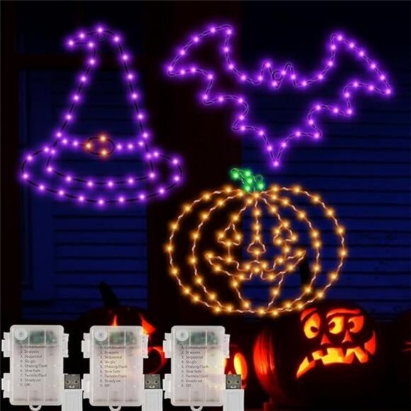 Halloween Decorations, Bat Pumpkin Hat Window Lights, 8 Modes Battery Operated - Picture 8 of 8